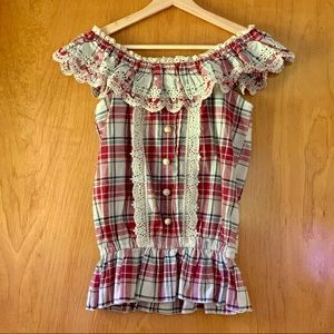 Liz Lisa Vintage Plaid Gingham Off-Shoulder Top